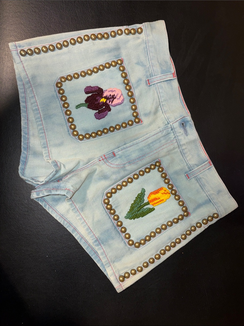 Gucci Light Blue Denim Floral Patch & Stud Jean Shorts
